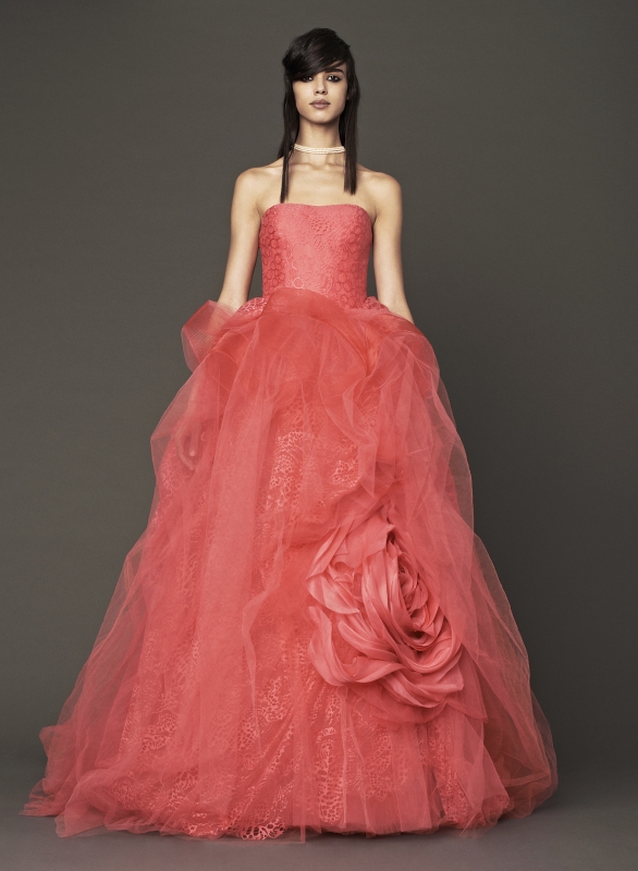 Vera Wang - Fall 2014 Bridal Collection - Wedding Dress Look 8
<br><br>
Coral strapless circle cluster and butterfly lace ball gown with tumbled tulle accented by organic flower detail and floral beaded embroidery.

<br><br>